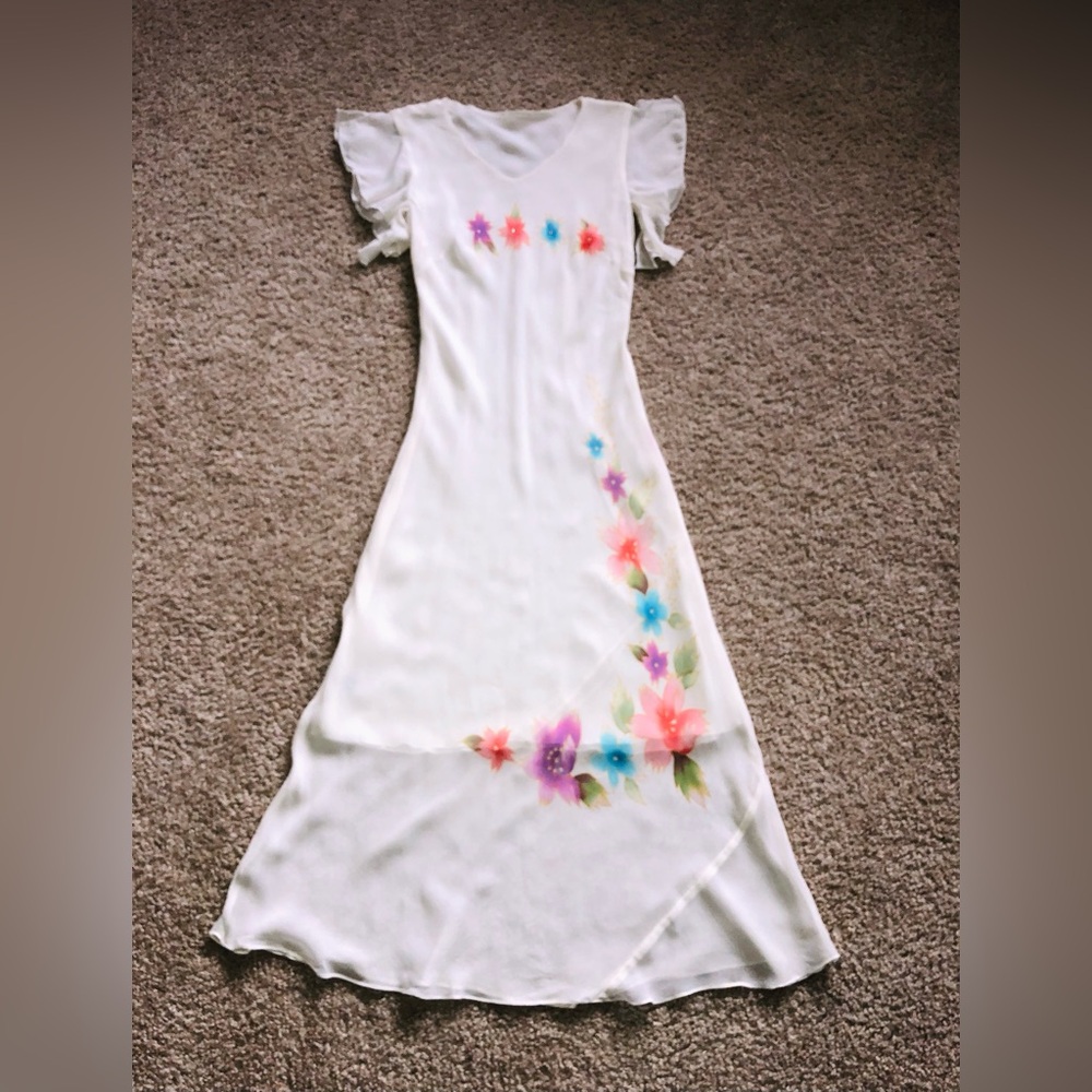 Light long dress, 100% silk, 100% silk lined, white with flower print, size S.